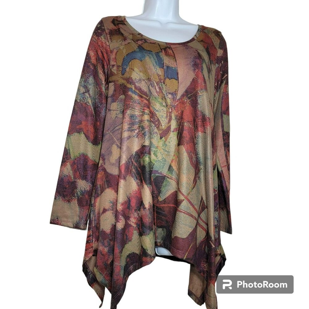 Soft Surroundings Top, Women Med, Abstract Earth Tones, Shark Bite Hem, EUC